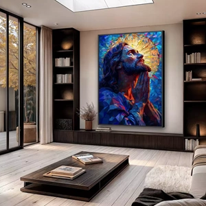 Quadro Jesus Elevando Preces ao Pai em Pintura Abstrata deitado sobre a superfície, mostrando os detalhes da moldura inferior direita.