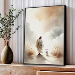 Quadro Jesus Guiando O Cordeiro Pelo Caminho Celestial deitado sobre a superfície, mostrando os detalhes da moldura inferior direita.