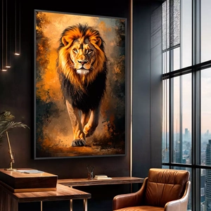 Quadro Leão Bronze deitado sobre a superfície, mostrando os detalhes da moldura inferior direita.
