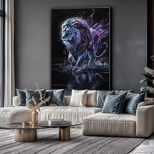 Quadro Leão Imperial em Traje de Nobreza Sepulcral deitado sobre a superfície, mostrando os detalhes da moldura inferior direita.