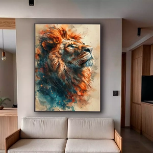 Quadro Leão Majestoso nas Chamas da Eternidade deitado sobre a superfície, mostrando os detalhes da moldura inferior direita.