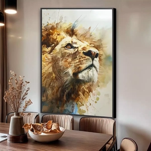 Quadro Leão Sereno no Horizonte Dourado deitado sobre a superfície, mostrando os detalhes da moldura inferior direita.