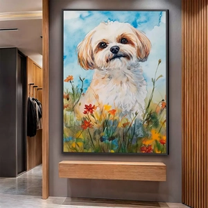 Quadro Lhasa Apso deitado sobre a superfície, mostrando os detalhes da moldura inferior direita.
