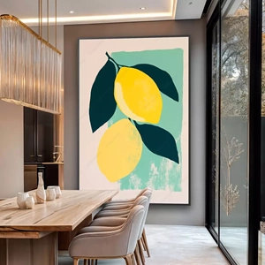 Quadro Limão Abstrato deitado sobre a superfície, mostrando os detalhes da moldura inferior direita.