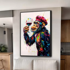 Quadro Macaco Somemelier em Pintura deitado sobre a superfície, mostrando os detalhes da moldura inferior direita.