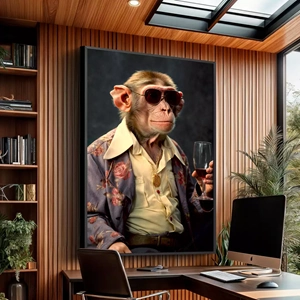 Quadro Macaco Sommelier deitado sobre a superfície, mostrando os detalhes da moldura inferior direita.