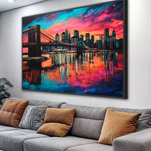 Quadro Manhattan deitado sobre a superfície, mostrando os detalhes da moldura inferior direita.