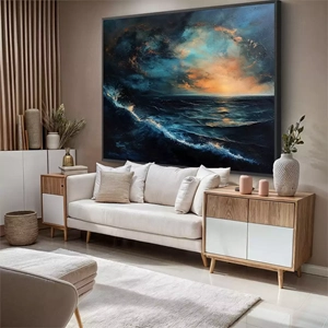 Quadro Mar deitado sobre a superfície, mostrando os detalhes da moldura inferior direita.