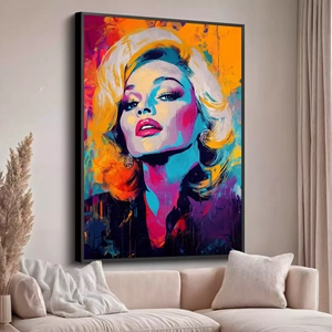 Quadro Marilyn Monroe em Vibrações Pop Art Luminosas deitado sobre a superfície, mostrando os detalhes da moldura inferior direita.