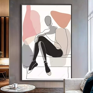 Quadro Mulher Abstrata em Contornos de Serenidade Elegante deitado sobre a superfície, mostrando os detalhes da moldura inferior direita.