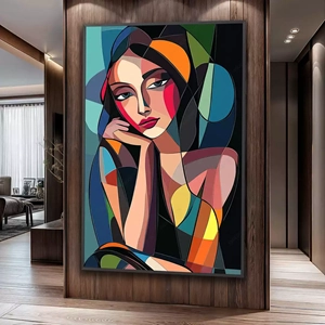 Quadro Mulher Abstrata em Cores e Formas Vibrantes deitado sobre a superfície, mostrando os detalhes da moldura inferior direita.