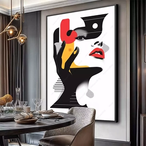 Quadro Mulher Abstrata em Linhas e Contrastes Vivos deitado sobre a superfície, mostrando os detalhes da moldura inferior direita.