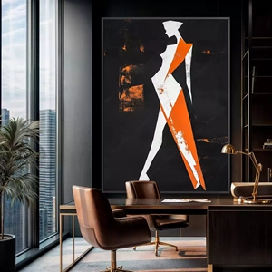 Quadro Mulher Abstrata em Traços Geométricos Vibrantes deitado sobre a superfície, mostrando os detalhes da moldura inferior direita.