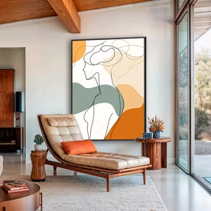 Quadro Mulher Abstrata Entre Linhas e Cores Fluídas deitado sobre a superfície, mostrando os detalhes da moldura inferior direita.
