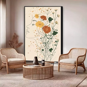 Quadro Mulher com Flores de Primavera em Sonho deitado sobre a superfície, mostrando os detalhes da moldura inferior direita.