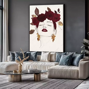 Quadro Mulher com Flores e Beleza Atemporal deitado sobre a superfície, mostrando os detalhes da moldura inferior direita.