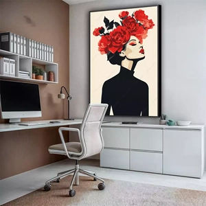 Quadro Mulher com Flores e Elegância Rubra Contemporânea deitado sobre a superfície, mostrando os detalhes da moldura inferior direita.