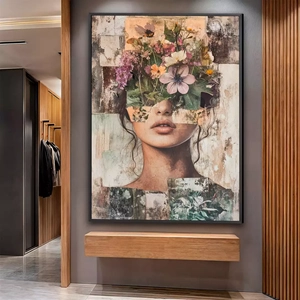 Quadro Mulher com Flores e Olhar de Primavera deitado sobre a superfície, mostrando os detalhes da moldura inferior direita.