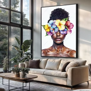 Quadro Mulher com Flores e Olhar de Primaveras Radiantes deitado sobre a superfície, mostrando os detalhes da moldura inferior direita.