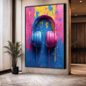 Quadro Música das Cores Explosivas em Harmonia deitado sobre a superfície, mostrando os detalhes da moldura inferior direita.