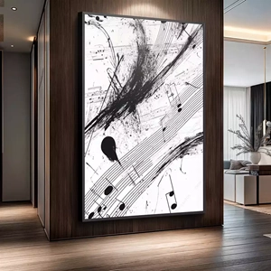 Quadro Música das Notas e Traços Abstratos deitado sobre a superfície, mostrando os detalhes da moldura inferior direita.