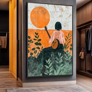 Quadro Música Serenidade ao Pôr do Sol Vibrante deitado sobre a superfície, mostrando os detalhes da moldura inferior direita.