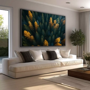 Quadro Natureza em Tons de Outono e Verde deitado sobre a superfície, mostrando os detalhes da moldura inferior direita.