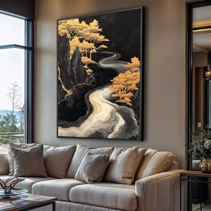 Quadro Natureza Eterna Fluindo em Trilhas de Ouro deitado sobre a superfície, mostrando os detalhes da moldura inferior direita.