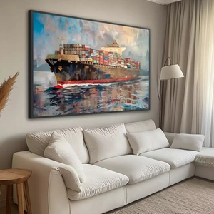 Quadro Navio Cargueiro deitado sobre a superfície, mostrando os detalhes da moldura inferior direita.