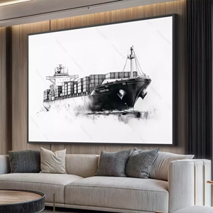 Quadro Navio Cargueiro em Desenho deitado sobre a superfície, mostrando os detalhes da moldura inferior direita.