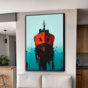 Quadro Navio Cargueiro em Pintura Abstrata deitado sobre a superfície, mostrando os detalhes da moldura inferior direita.