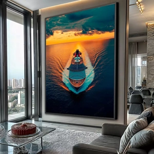 Quadro Navio Cruzeiro no Crepúsculo deitado sobre a superfície, mostrando os detalhes da moldura inferior direita.