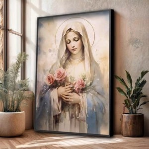 Quadro Nossa Senhora em Cores Delicadas deitado sobre a superfície, mostrando os detalhes da moldura inferior direita.