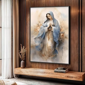 Quadro Nossa Senhora em Toque Delicado deitado sobre a superfície, mostrando os detalhes da moldura inferior direita.