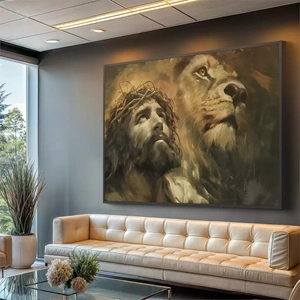 Quadro O Leão da Tribo de Judá deitado sobre a superfície, mostrando os detalhes da moldura inferior direita.