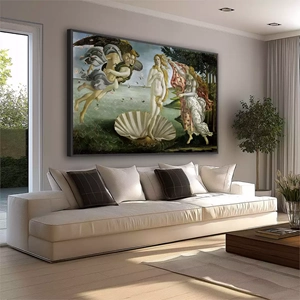 Quadro O Nascimento de Vênus deitado sobre a superfície, mostrando os detalhes da moldura inferior direita.