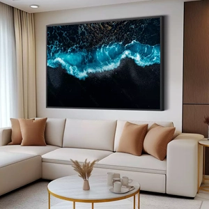 Quadro Ondas do Mar deitado sobre a superfície, mostrando os detalhes da moldura inferior direita.