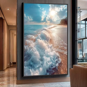 Quadro Ondas do Mar Abraçando o Horizonte deitado sobre a superfície, mostrando os detalhes da moldura inferior direita.