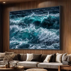 Quadro Ondas do Mar Navegando Rumo ao Horizonte deitado sobre a superfície, mostrando os detalhes da moldura inferior direita.