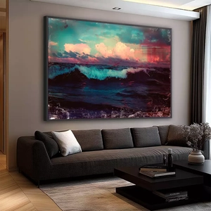 Quadro Ondas do Mar Vintage deitado sobre a superfície, mostrando os detalhes da moldura inferior direita.