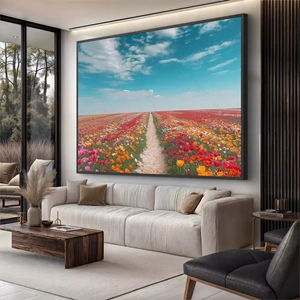 Quadro Paisagem de Flores no Horizonte Infinito deitado sobre a superfície, mostrando os detalhes da moldura inferior direita.