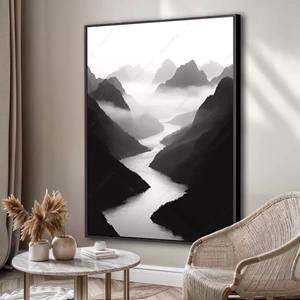 Quadro Paisagem Preto e Branco deitado sobre a superfície, mostrando os detalhes da moldura inferior direita.