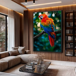 Quadro Papagaio na Natureza deitado sobre a superfície, mostrando os detalhes da moldura inferior direita.