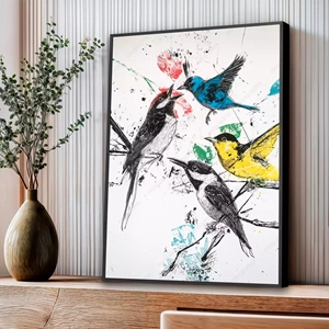 Quadro Pássaros Alegres Abstratos deitado sobre a superfície, mostrando os detalhes da moldura inferior direita.