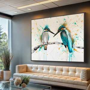 Quadro Pássaros Em Pintura Abstrata deitado sobre a superfície, mostrando os detalhes da moldura inferior direita.