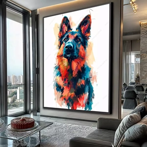 Quadro Pastor Alemão em Cores Vibrantes deitado sobre a superfície, mostrando os detalhes da moldura inferior direita.
