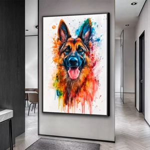 Quadro Pastor Alemão em Harmonia Cromática deitado sobre a superfície, mostrando os detalhes da moldura inferior direita.