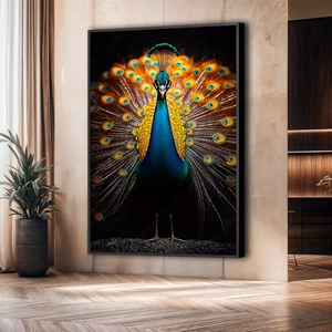 Quadro Pavão deitado sobre a superfície, mostrando os detalhes da moldura inferior direita.