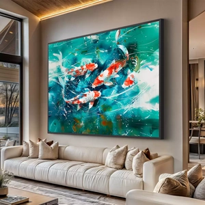 Quadro Peixes Dançam em Correntes Coloridas deitado sobre a superfície, mostrando os detalhes da moldura inferior direita.