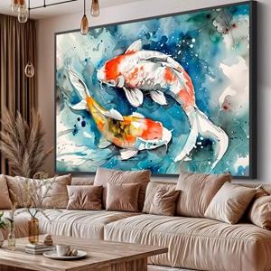 Quadro Peixes Graciosos em Movimento Sereno deitado sobre a superfície, mostrando os detalhes da moldura inferior direita.